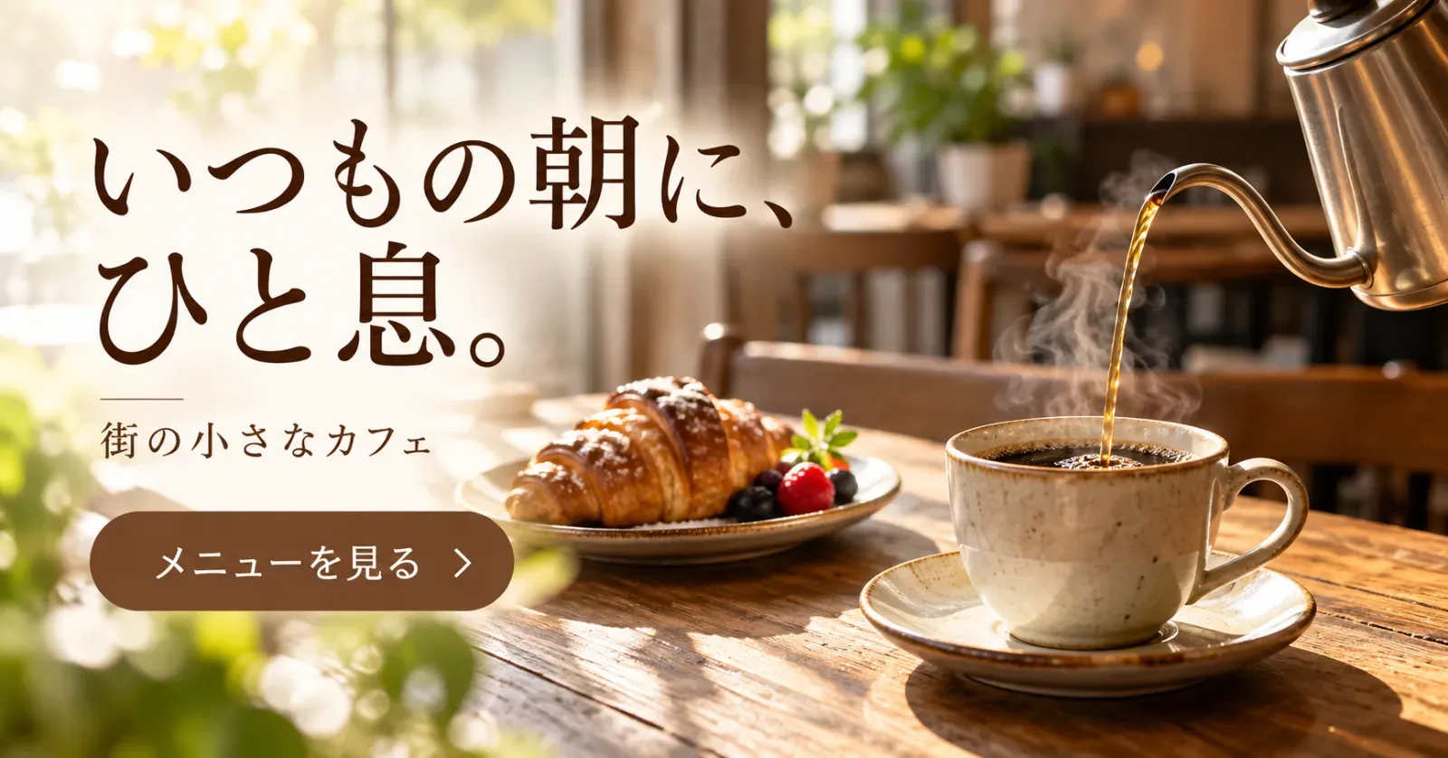 カフェのバナー「いつもの朝に、ひと息。」（横長）