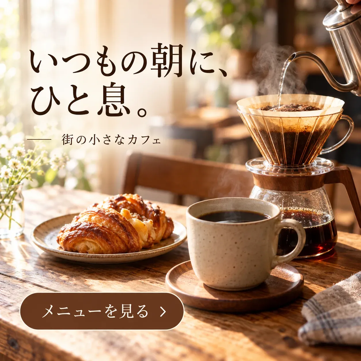 カフェのバナー「いつもの朝に、ひと息。」（正方形）