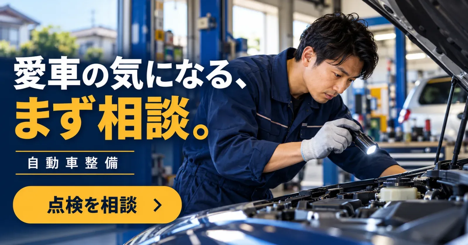 自動車整備のバナー「愛車の気になる、まず相談。」（横長）