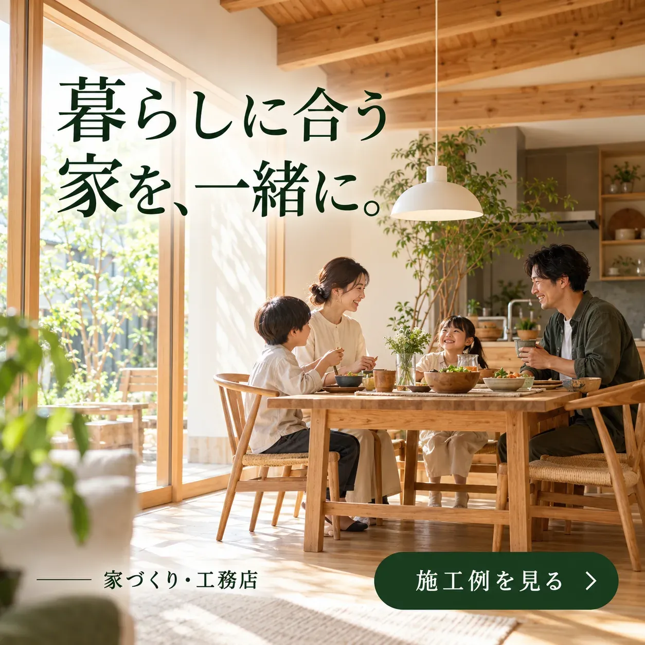 工務店のバナー「暮らしに合う家を、一緒に。」（正方形）