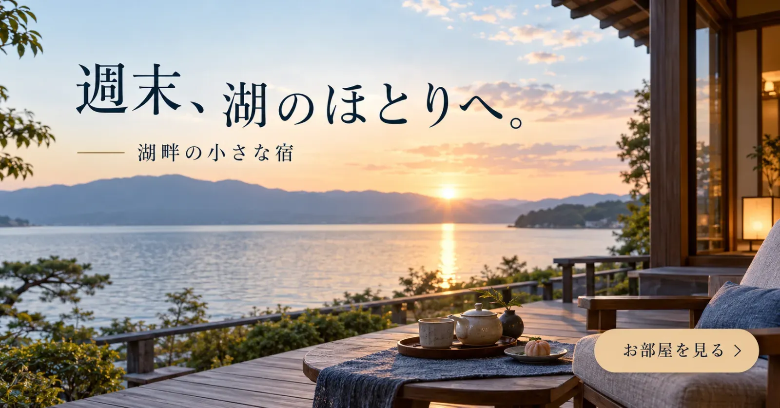 宿泊のバナー「週末、湖のほとりへ。」（横長）
