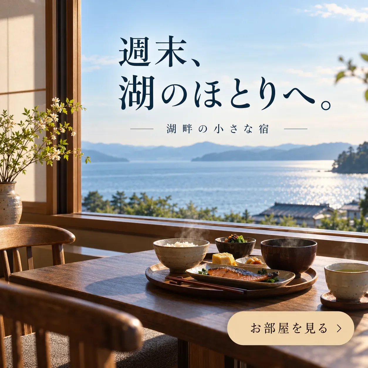 宿泊のバナー「週末、湖のほとりへ。」（正方形）