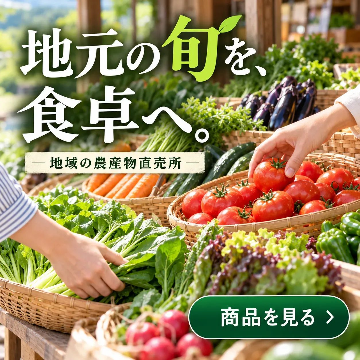 農産物直売所のバナー「地元の旬を、食卓へ。」（正方形）