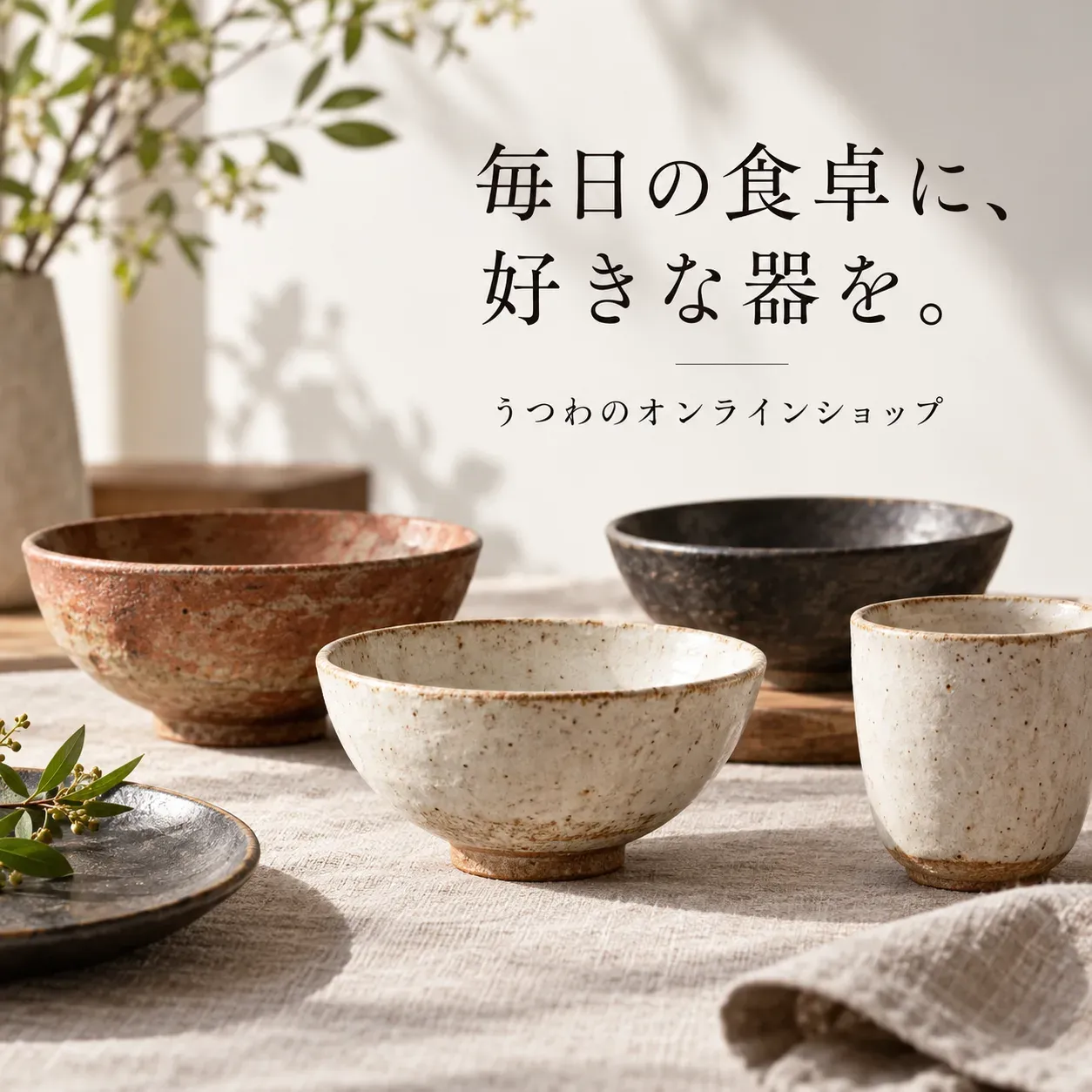 器のオンラインショップのバナー「毎日の食卓に、好きな器を。」（正方形）