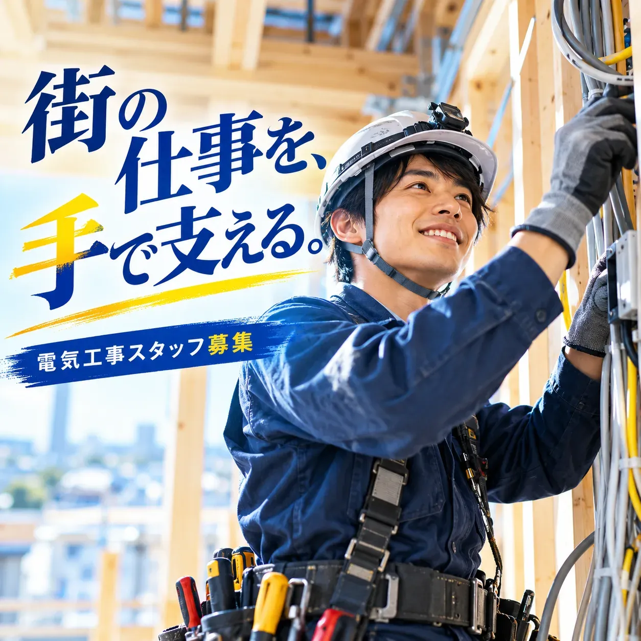 電気工事のバナー「街の仕事を、手で支える。」（正方形）