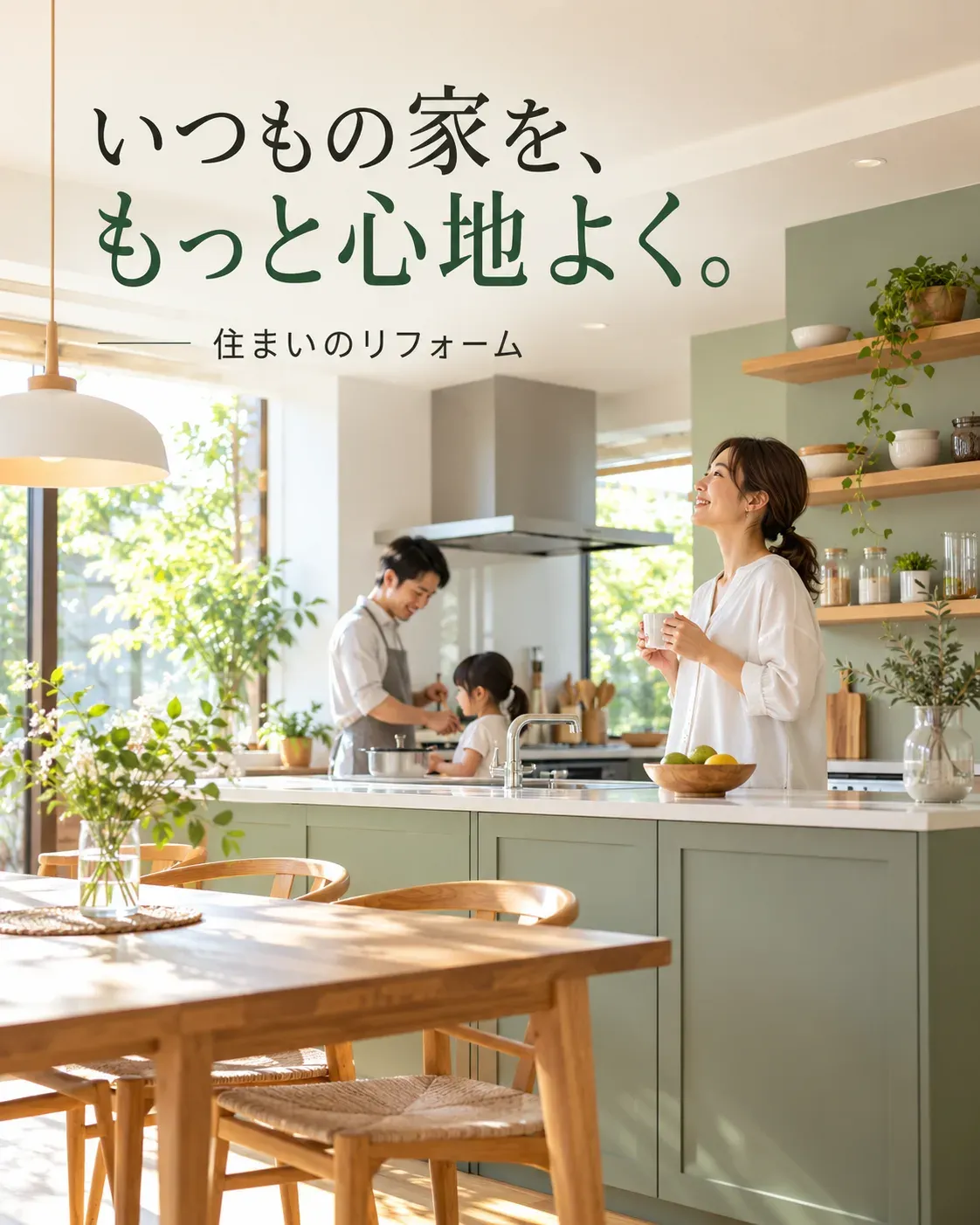 住まいのリフォームのバナー「いつもの家を、もっと心地よく。」（縦長）