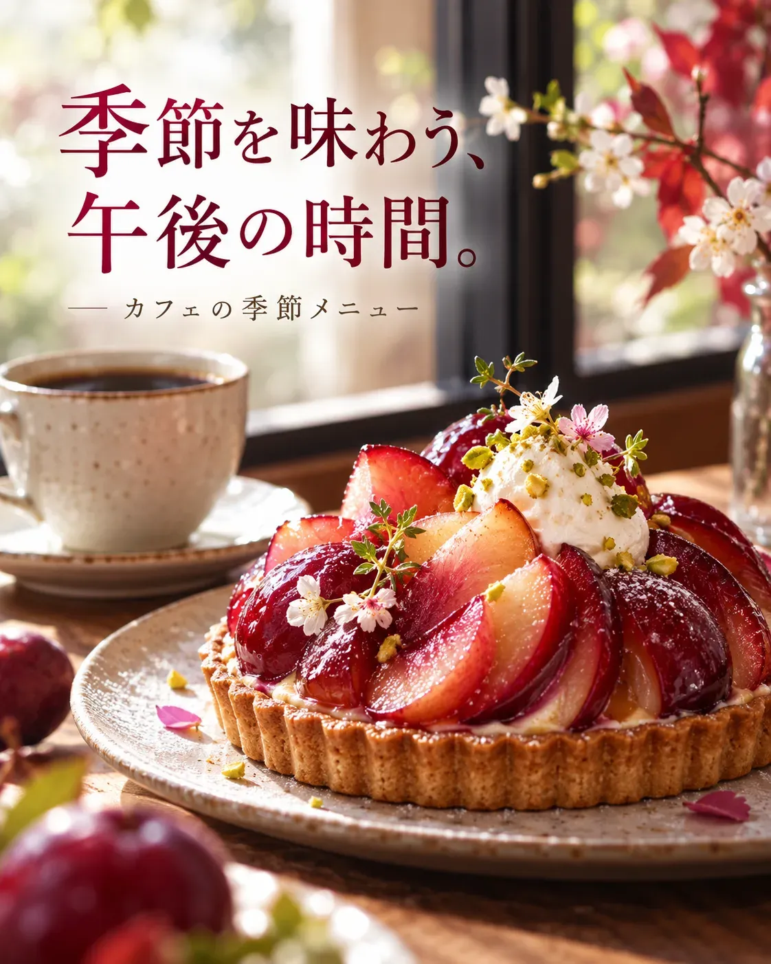 カフェのバナー「季節を味わう、午後の時間。」（縦長）