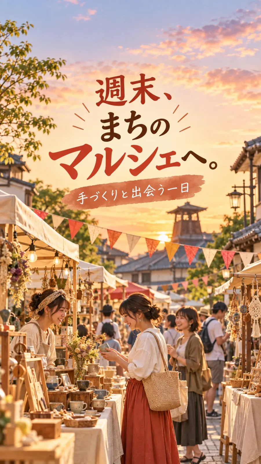 マルシェのバナー「週末、まちのマルシェへ。」（縦長）