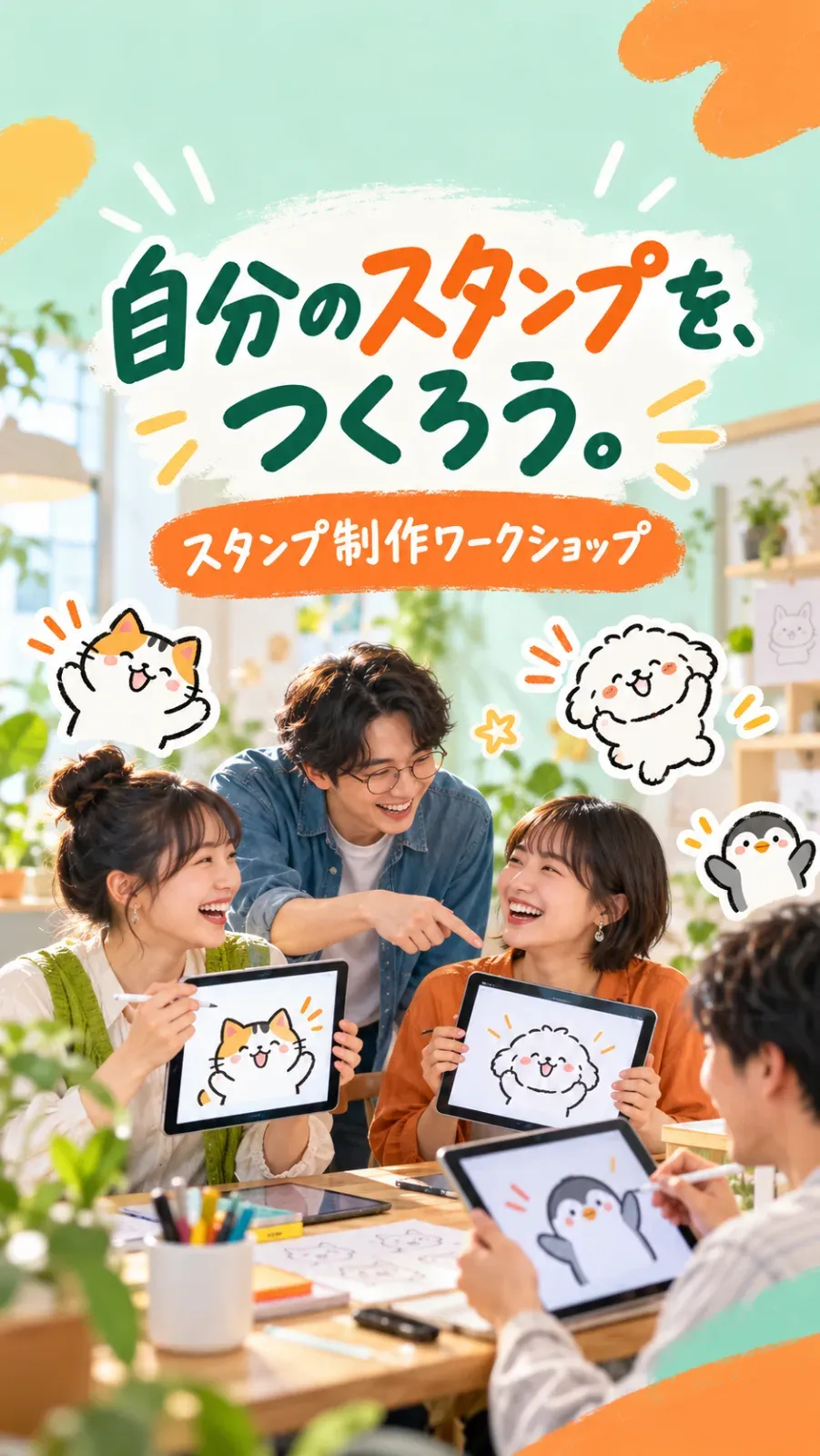 スタンプ制作ワークショップのバナー「自分のスタンプを、つくろう。」（縦長）