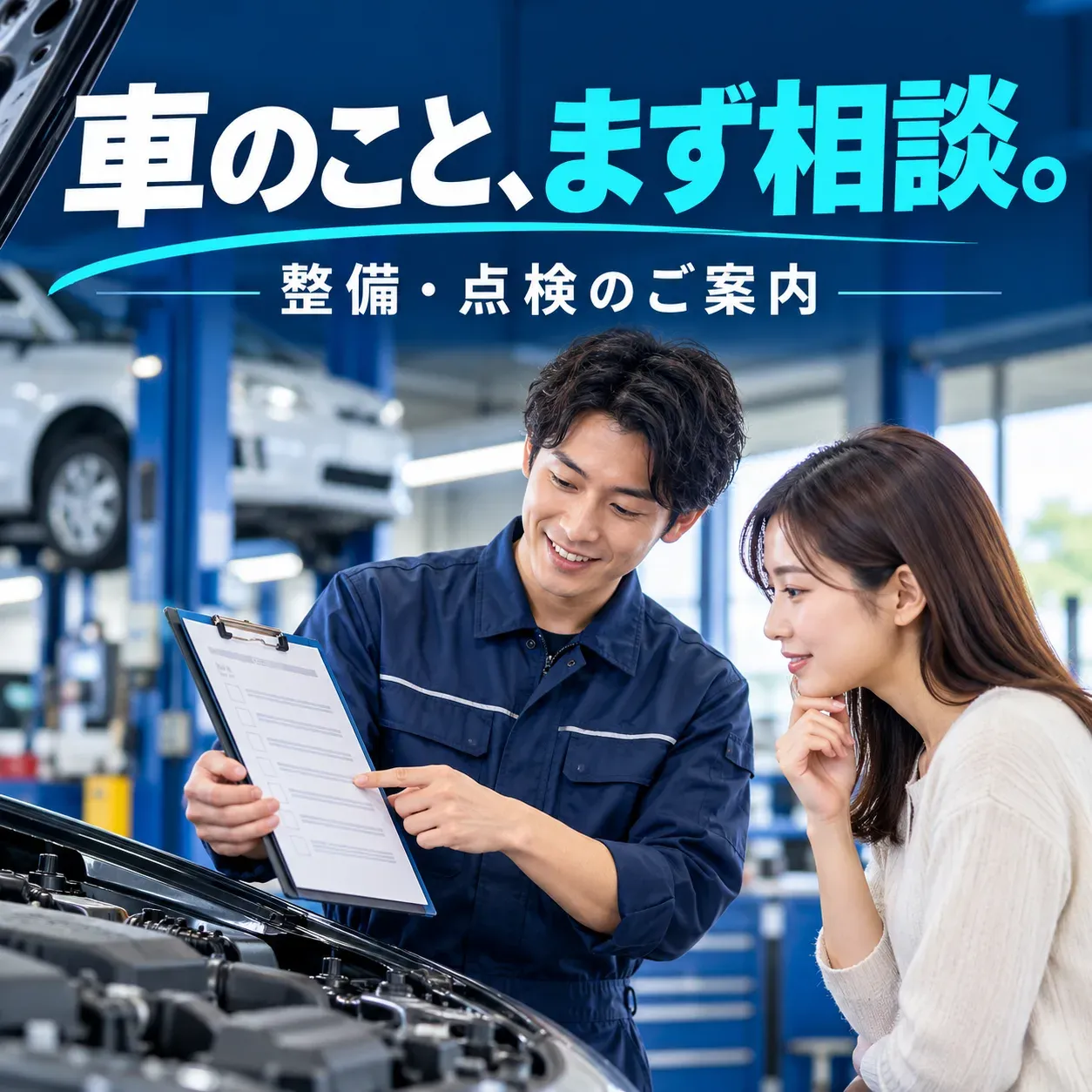 自動車整備のバナー「車のこと、まず相談。」（正方形）