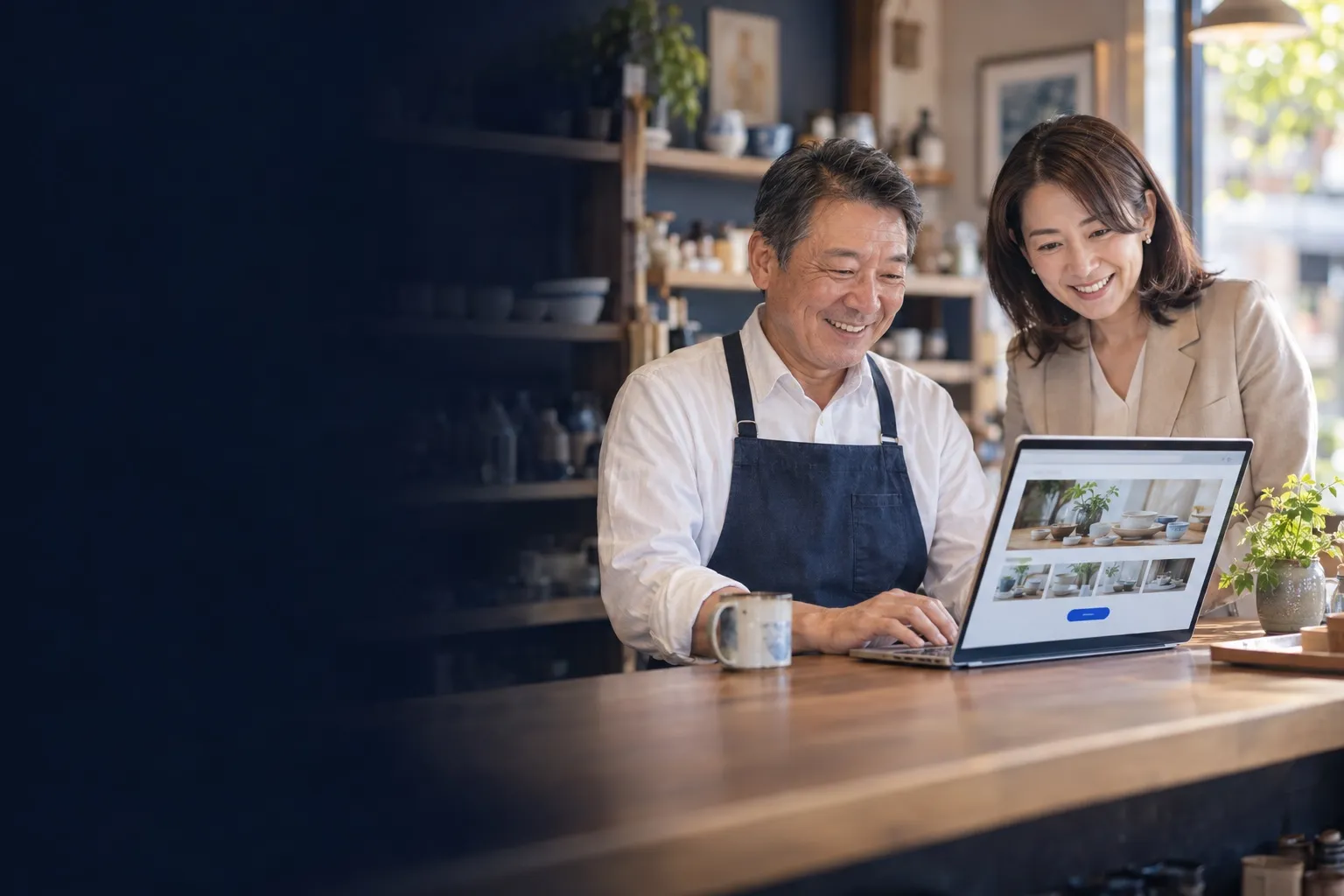 お店のカウンターで、出来上がったホームページをノートパソコンで見て喜ぶ店主と経営者