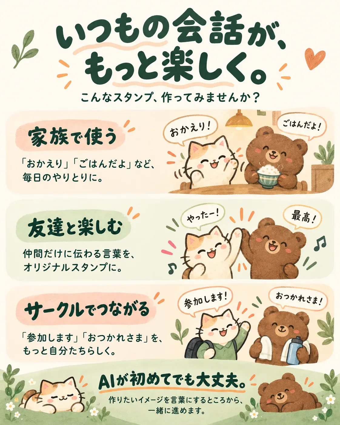 いつもの会話が、もっと楽しく。家族で使う(「おかえり」「ごはんだよ」など毎日のやりとりに)、友達と楽しむ(仲間だけに伝わる言葉をオリジナルスタンプに)、サークルでつながる(「参加します」「おつかれさま」を自分たちらしく)。AIが初めてでも大丈夫。