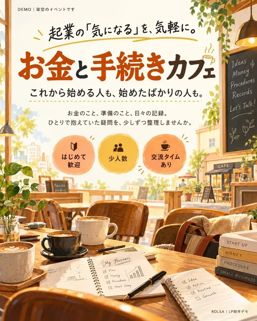 起業準備 お金と手続きカフェ デモLPのメイン画像