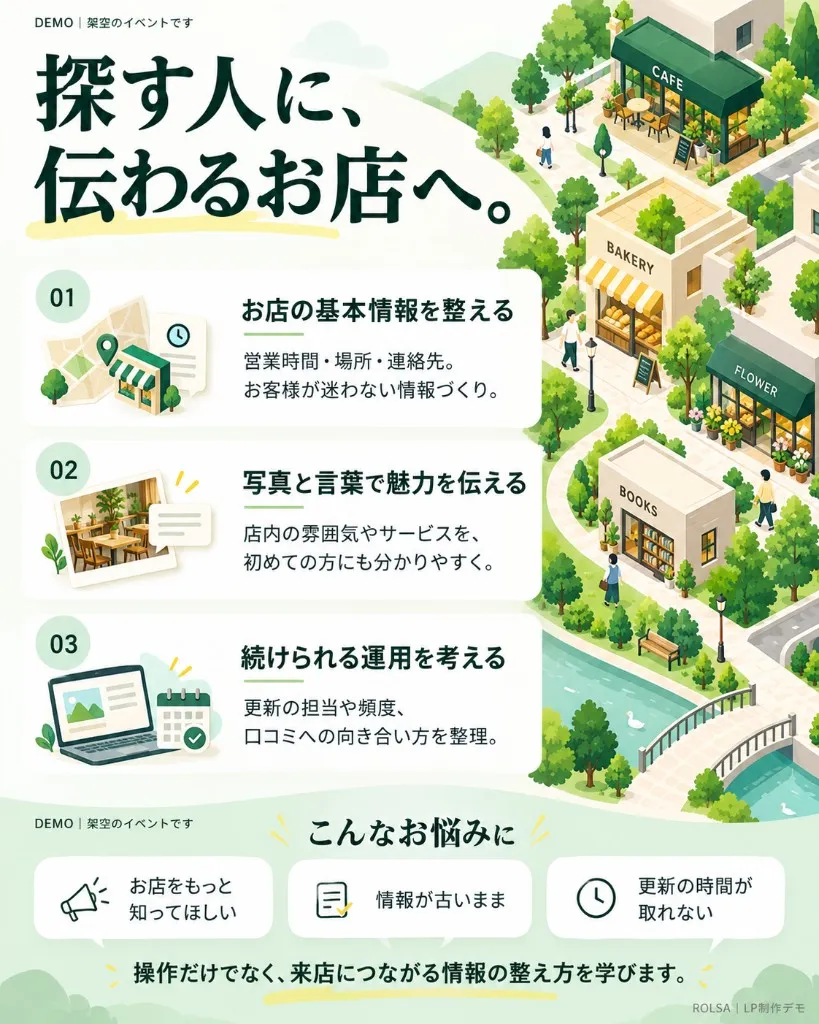 探す人に、伝わるお店へ。01 お店の基本情報を整える（営業時間・場所・連絡先）。02 写真と言葉で魅力を伝える。03 続けられる運用を考える（更新の担当や頻度、口コミへの向き合い方）。こんなお悩みに：お店をもっと知ってほしい、情報が古いまま、更新の時間が取れない。