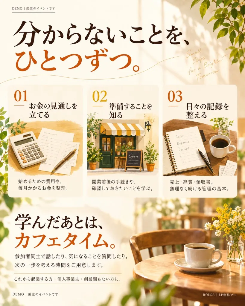 分からないことを、ひとつずつ。01 お金の見通しを立てる（始めるための費用や毎月かかるお金を整理）。02 準備することを知る（開業前後の手続きや確認しておきたいこと）。03 日々の記録を整える（売上・経費・領収書の管理の基本）。学んだあとは、カフェタイム。参加者同士で話したり、気になることを質問したりできます。